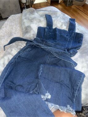 RACHEL Rachel Roy Blue Denim High-Rise Tie-Waist Overalls